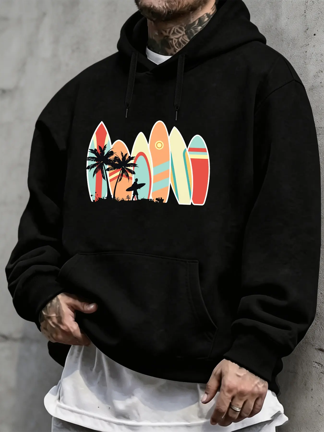 Mcd Oversized Fleece Pullover Hoodie Unisex, Vintage Surfboard Palm Tree Print, Loose-Fit H-Type, Fall Winter Casual Streetwear