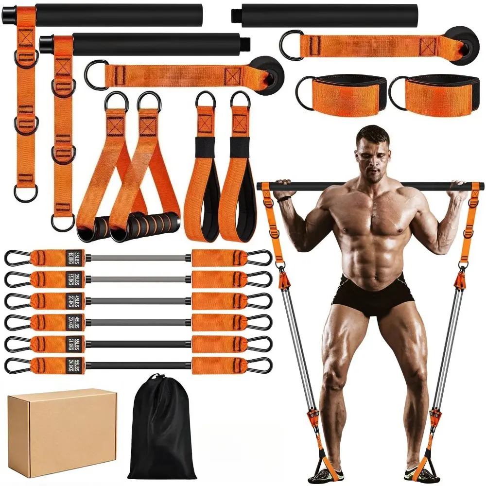 Pilates Bar Kit with Resistance Bands, Pilates Workout Equipment for Legs, Hip, Waist, Arm, Squats Exercise Equipment for Home Workouts, Adjustable 3-Section Pilates Bar Kit for Women & Men