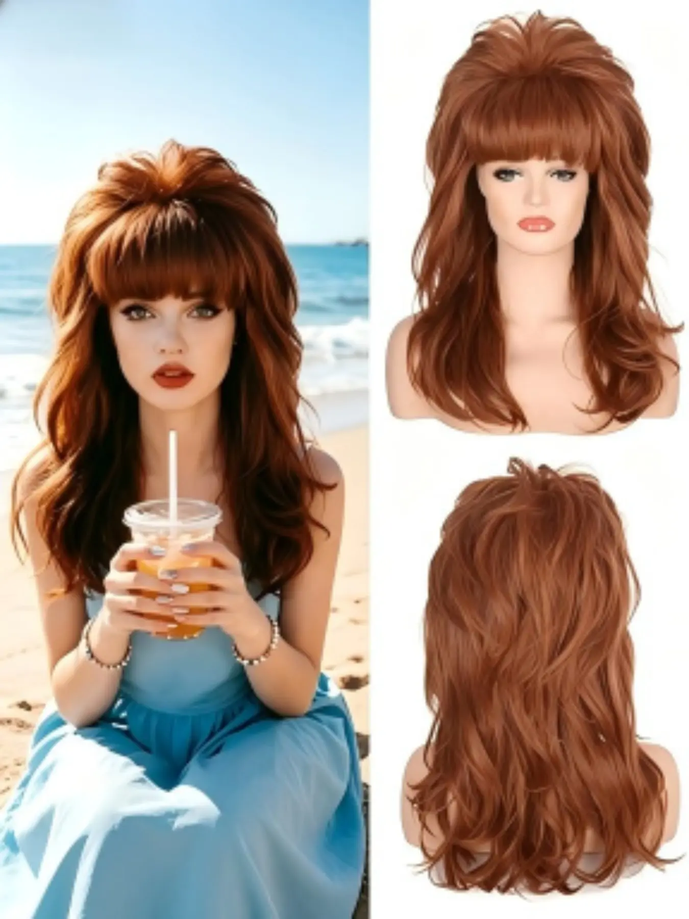 24 Inch Retro Honeycomb High Ponytail Wig, Long Wavy Bangs Vintage Style Wig, Multi-Color Options, Women's Halloween Cosplay Party Wig
