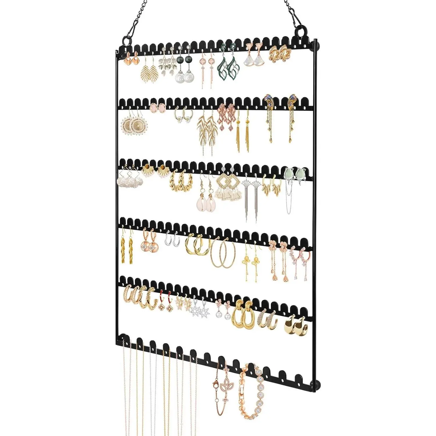 6 Tier Earring Holder Wall Mounted  Earring Organizer Black | , Earring Display Storage with 123 Holes and 129 Grooves  Organizer Tree for Stud/Hoop/Dangle Earrings Necklace