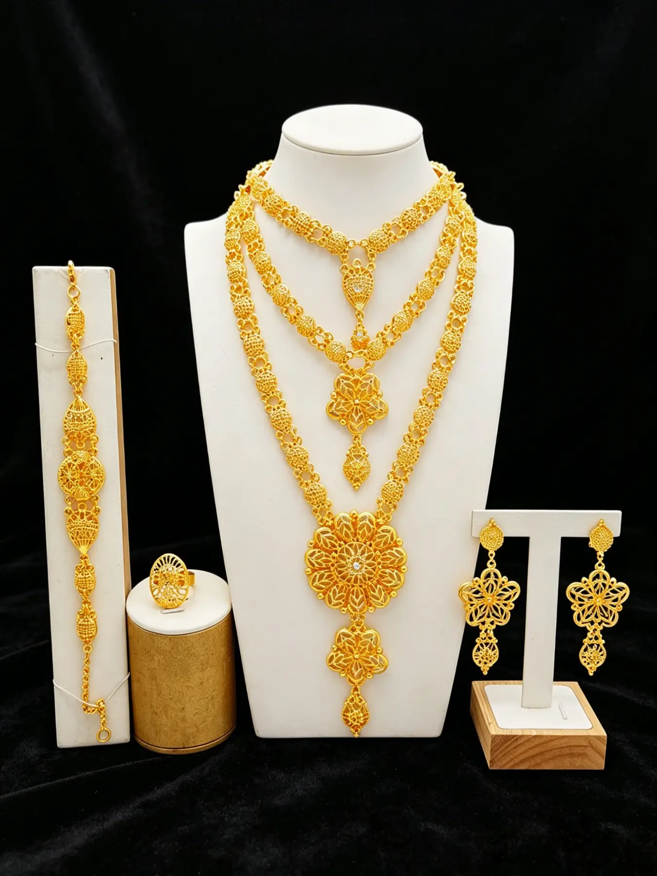 Gold Plated Hollow Floral Filigree 5Pcs Jewelry Set Multi Layer Long Necklace Bracelet Drop Earrings Ring Head Chain Vintage Ethnic Bridal Jewelry For Women Wedding Festival Anniversary Gift