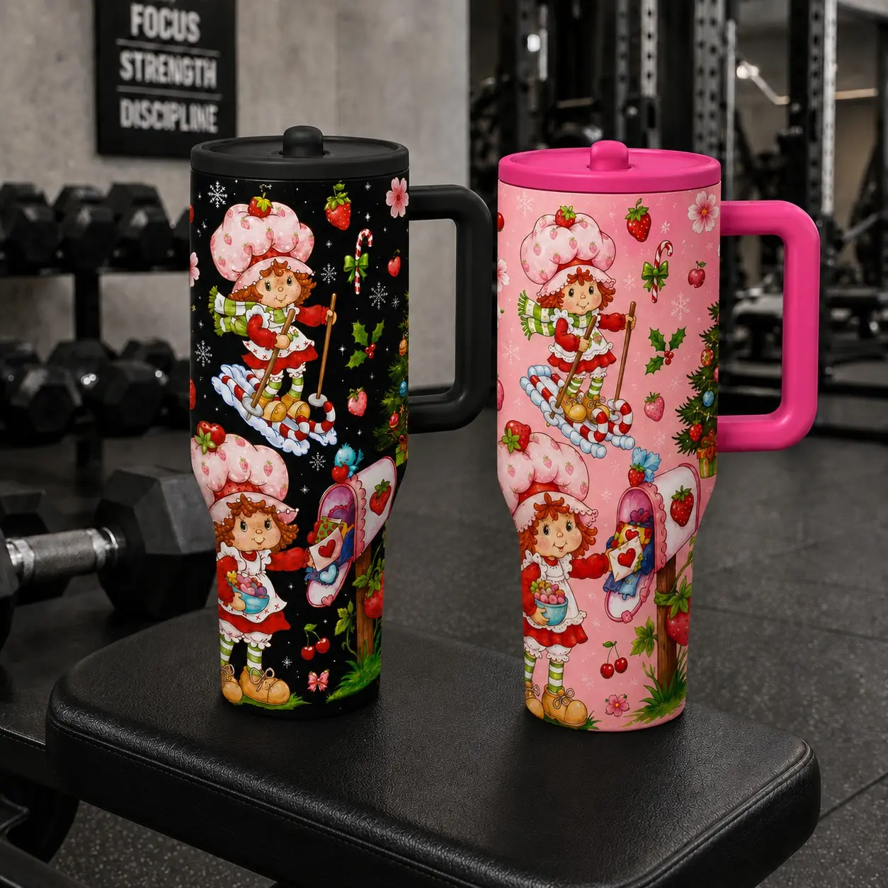 1PC 40oz Christmas Strawberry Girl Pattern Insulated Tumbler with Handle & Leak-Proof Lid, Double Wall Vacuum Travel Mug, Hot 12H Cold 24H, Large Capacity Cup for Men Women, Christmas Holiday Gift