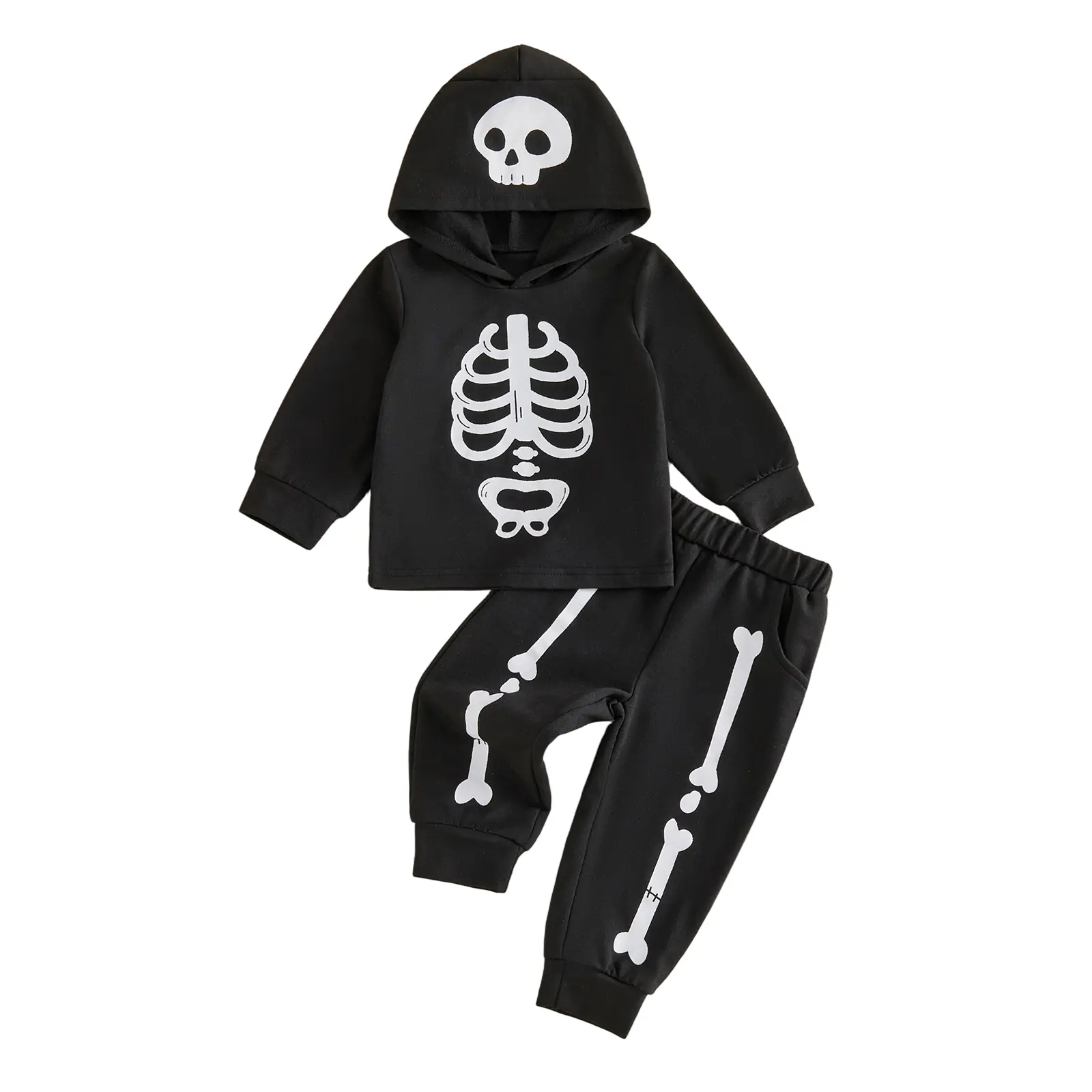 Unisex Toddler Baby 2-Piece Halloween Outfit - Long Sleeve Hooded Skeleton Print Hoodie & Jogger Pants, Casual Wear for Fall, 6M-4T