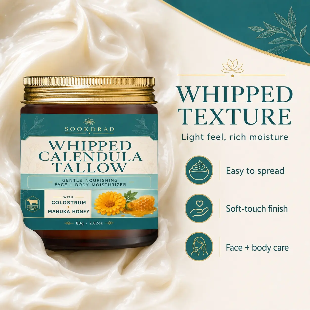 Whipped Calendula Tallow, with colostrum, manuka honey, gentle nourishing, face and body, moisturizer, 2.82oz, 80g