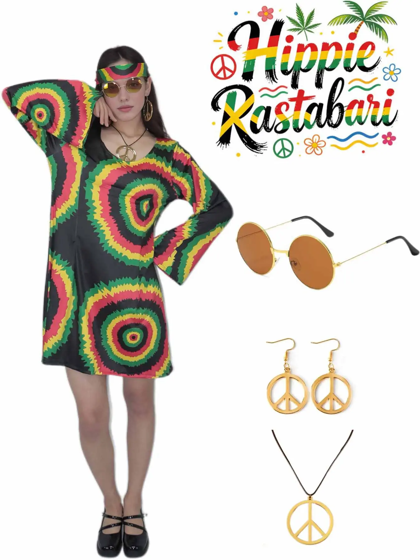 6-Piece Set  Hippie Dress, Spiral Print Bell Sleeve, Peace Symbol Accessory, Halloween, Music Festival, Retro Party, Stage Performance