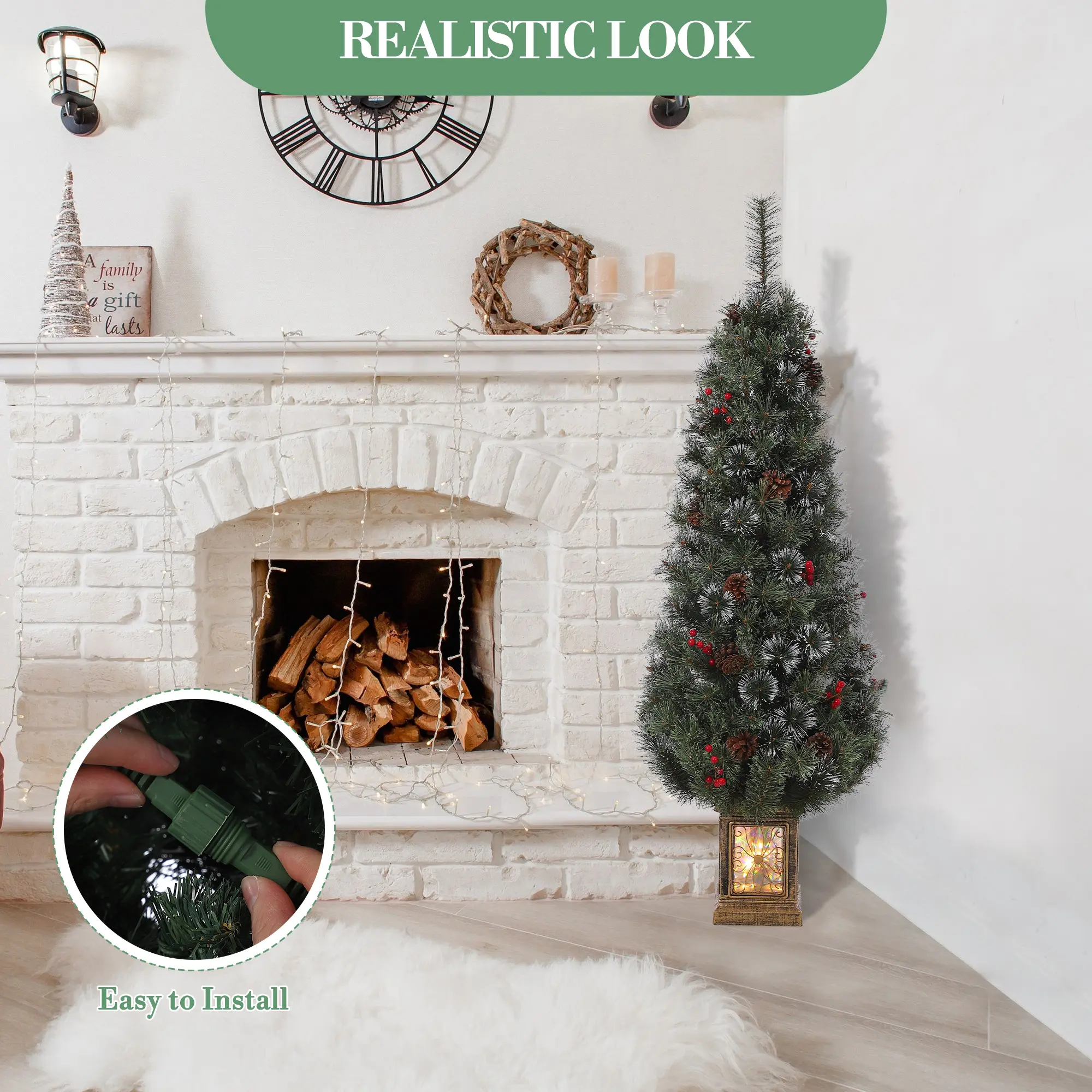 Artificial Christmas Tree, 4.5ft Pre-Lit Potted Snow Flocked Christmas Tree with 200 Warm White Lights, Small Holiday Xmas Tree with 4 Berries Clusters and Hinged Branches