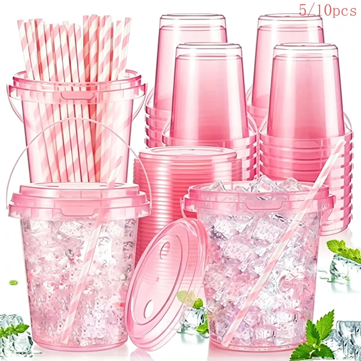 10pcs Plastic Water Buckets with Lids and Straws, 34oz Reusable Food Fruit Containers, Colorful, Transparent, Summer Party Supplies