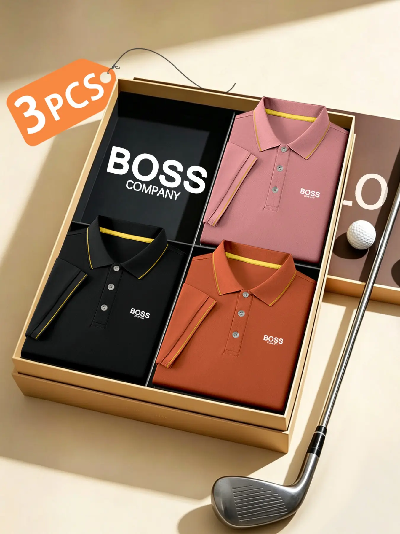Men's Luxury Golf Polo Shirts, 3-Pack, Fashion Boss Logo Print, Collared, Stretchy, Breathable, All-Season Comfort, High-Quality