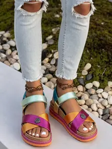Colorful Metal Patch Velcro Sandals, Rainbow Color Cross Strap Thick Sole, Boho Style PU Leather, Anti-Slip Rubber Sole, Women's Beach Shoes