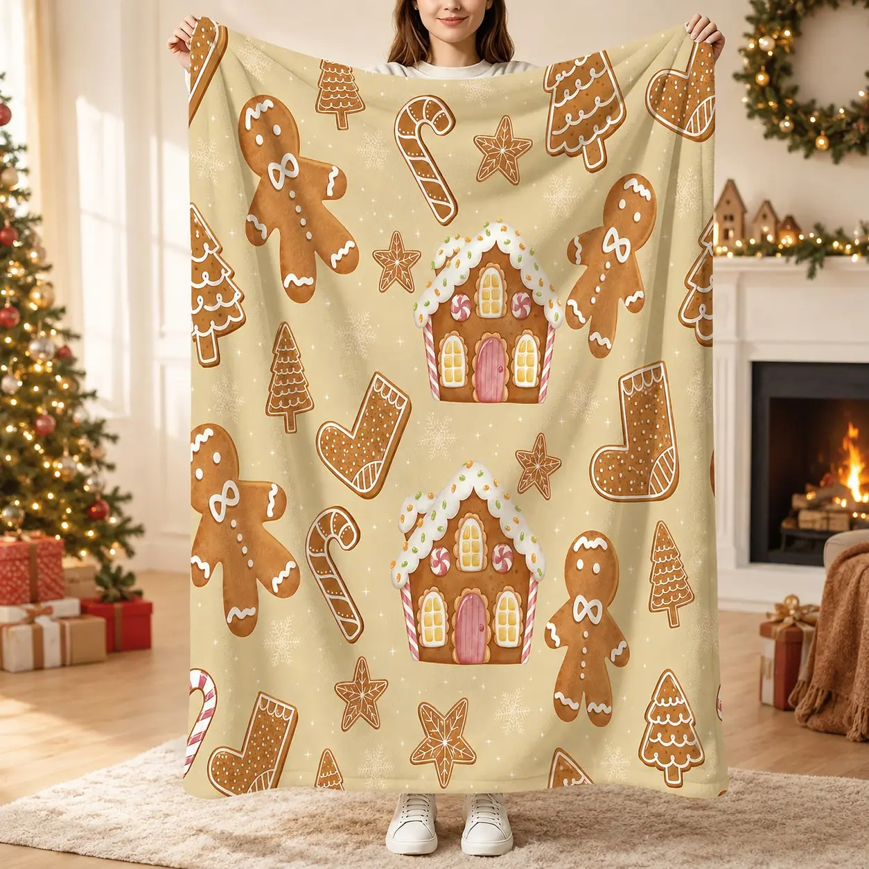 Christmas Gingerbread Throw Blanket, Warm Gingerbread House And Snowflake Design, Lightweight Soft Cover Blanket, for Sofa And Bed Use, Thoughtful Christmas Holiday Gift for Teens And Adults, 1 Piece Single‑Sided Printed Blanket
