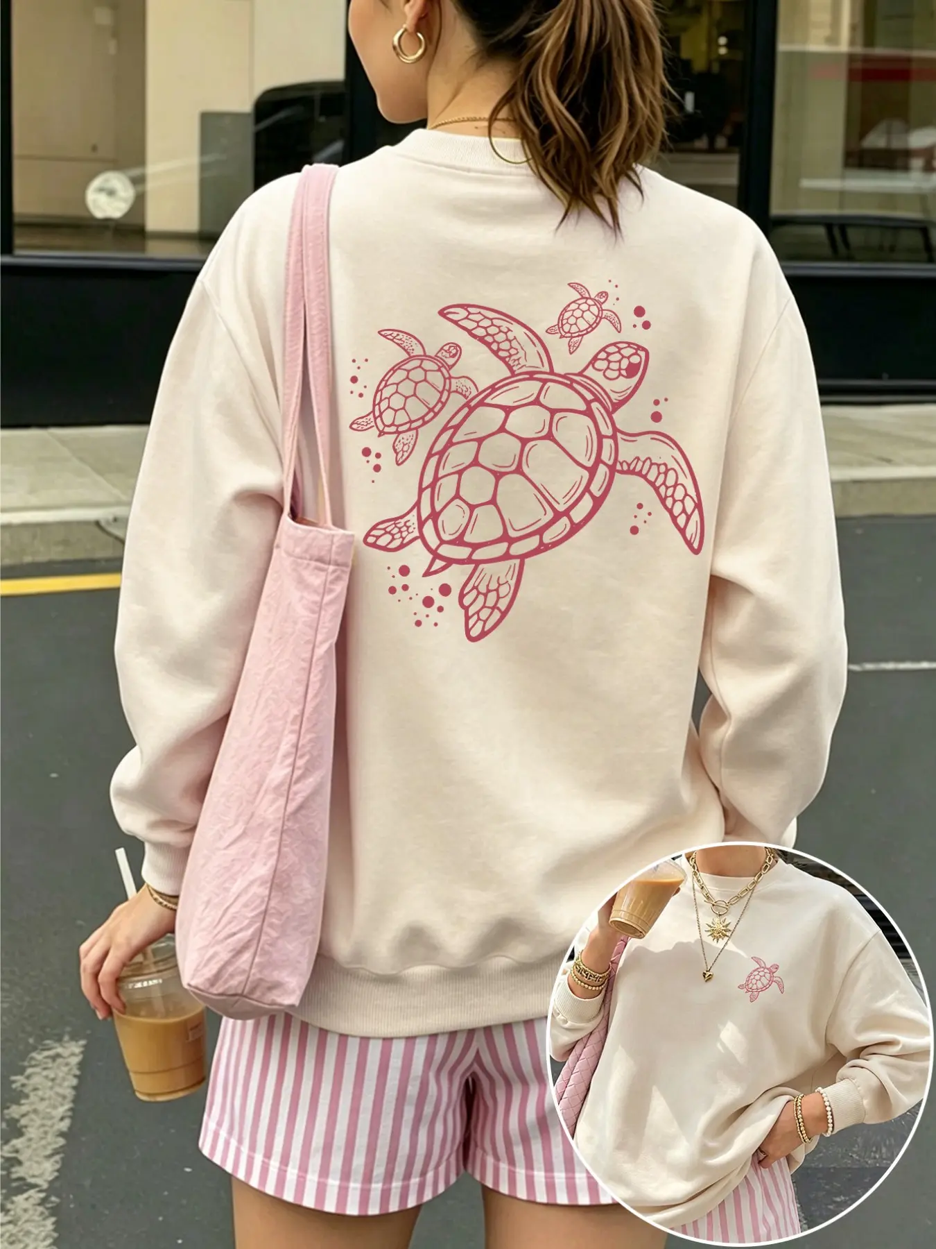 Women's Turtle Print Casual Sweatshirt, Soft Comfortable Pullover, Long Sleeve Loose Fit, Fall & Winter Fashion, Versatile Sporty Style