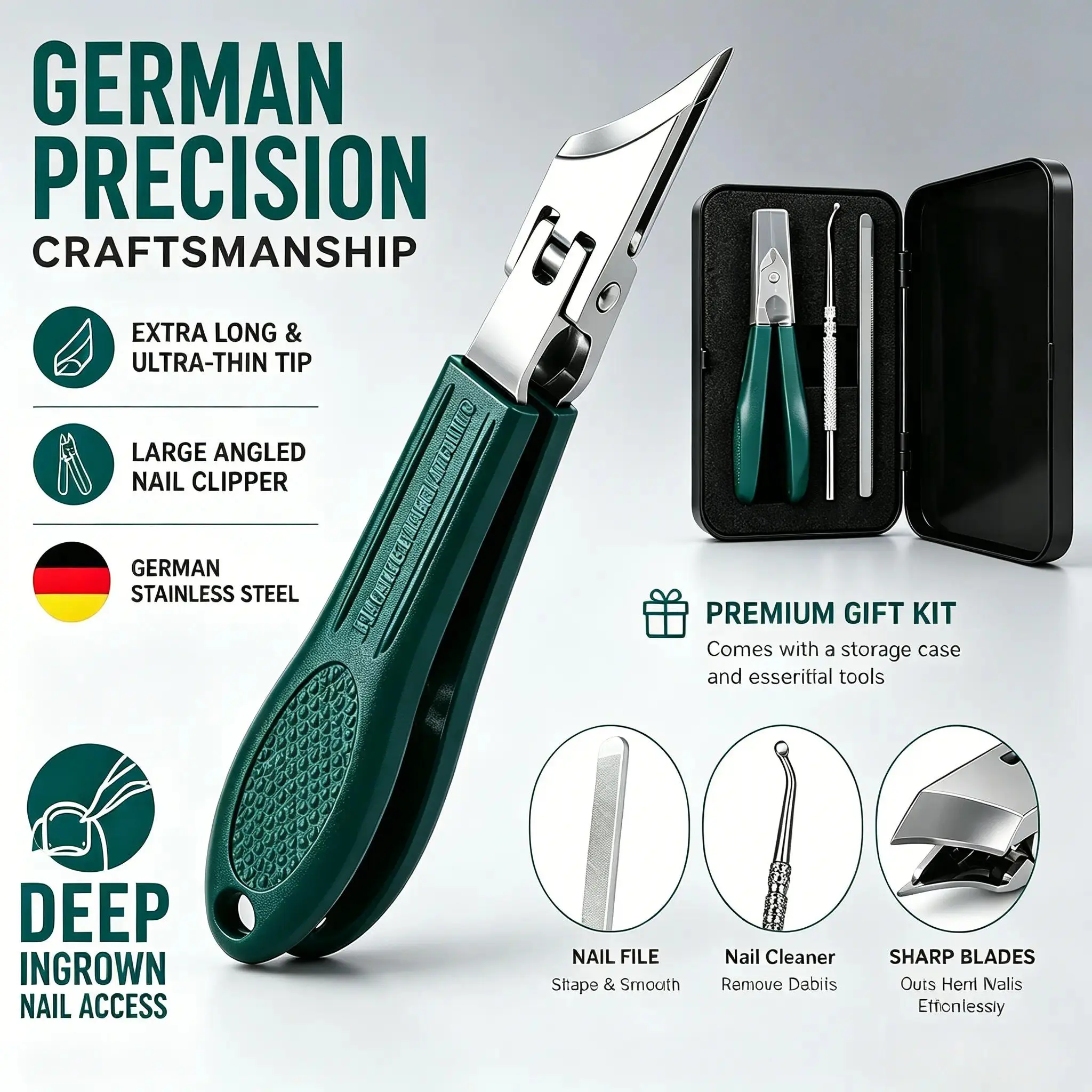 Heavy Duty Stainless Steel Toenail Clipper Set, 3 Piece Ingrown Toenail Clippers for Thick Nails with Precision Angled Blade, Nail File and Cleaning Tool for Home Pedicure, Travel and Daily Nail Care summerwins