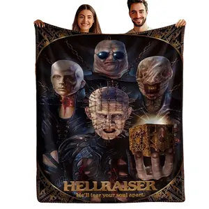 Hellraiser Horror Character Collage Flannel Throw Blanket, Vintage Golden Frame Art Print, Cozy Fleece for Couch Bed Office