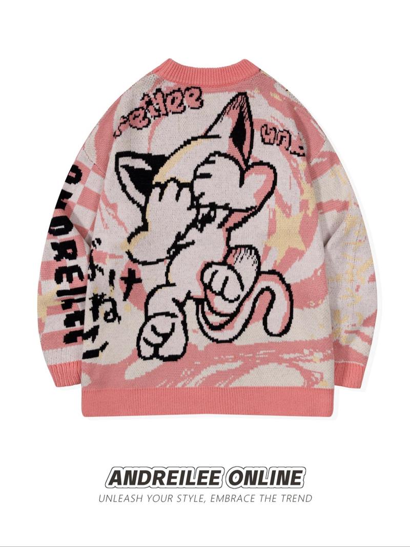 Men's Cartoon Print Round Neck Sweater Knitwear Tops, Loose Casual Long Sleeve Crew Neck Jumper for Spring & Fall, Menswear, Graphic Sweater, Street Casual Jumper