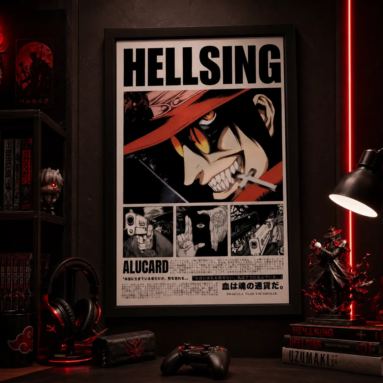 Hellsing Anime Poster - Hellsing Alucard Anime Art Print Anime Gifts, Canvas Wall Art Print, Japanese Anime Room Decor for Bedroom Dorm Gaming Room Office, Dark Manga Wall Art Poster, Gift for Anime Fans