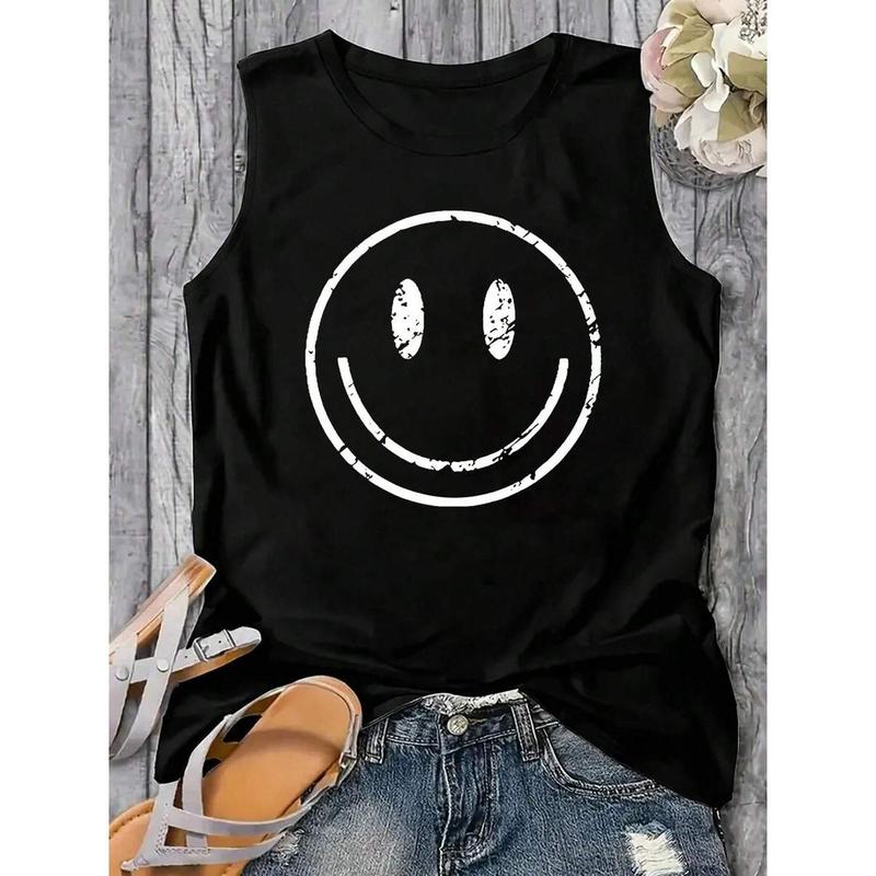 Women's Elastane Round Neck Tank Top, Sexy Cute Sweet Smiling Face Graphic Print, Casual Vest