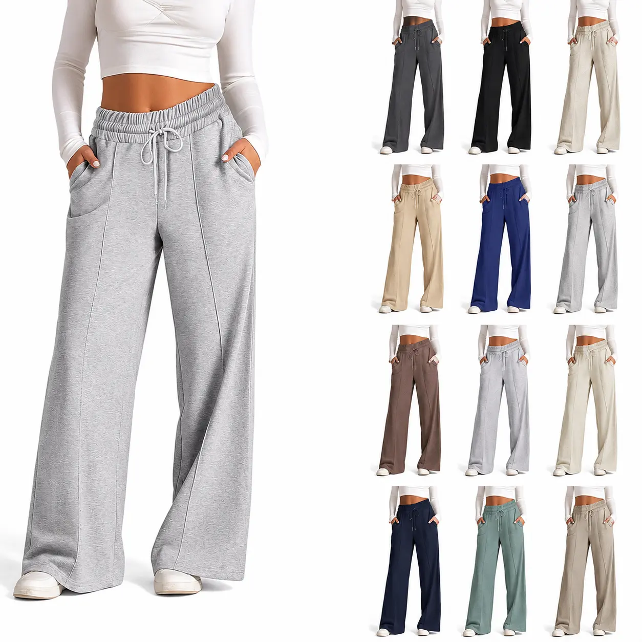 Women's High-Waist Elastic Wide-Leg Sweatpants - Simple Basic Comfortable Bottoms with Pockets, Relaxed Fit Full-Length Trousers for Home, Travel, Everyday Wear