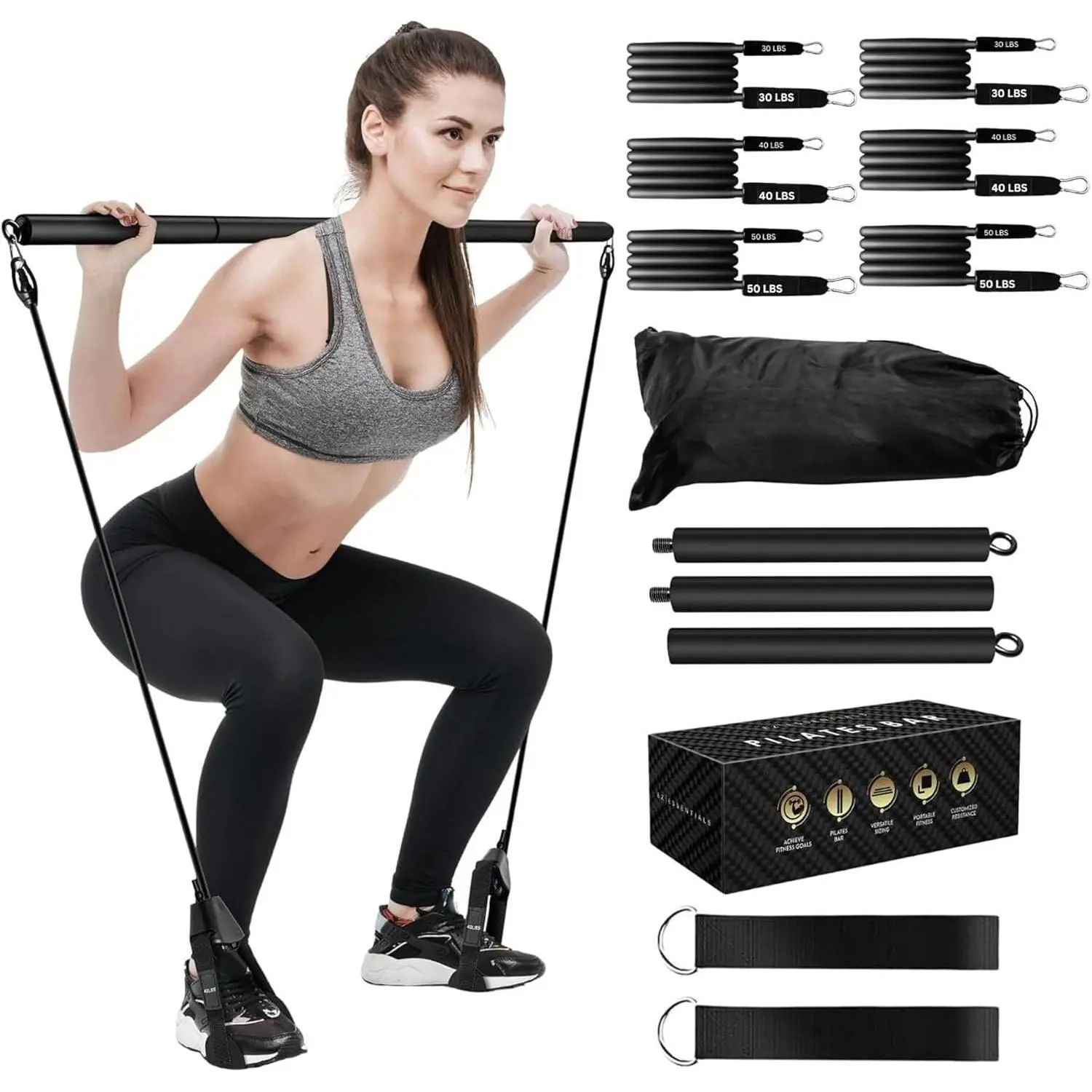 Pilates Bar Kit with Resistance Bands for Women & Men(30,40,50 Lbs), Pilate Bar with Non-Slip Foot Belts, 3-Section Pilates Bar Workout Equipment for , ,  and Arm