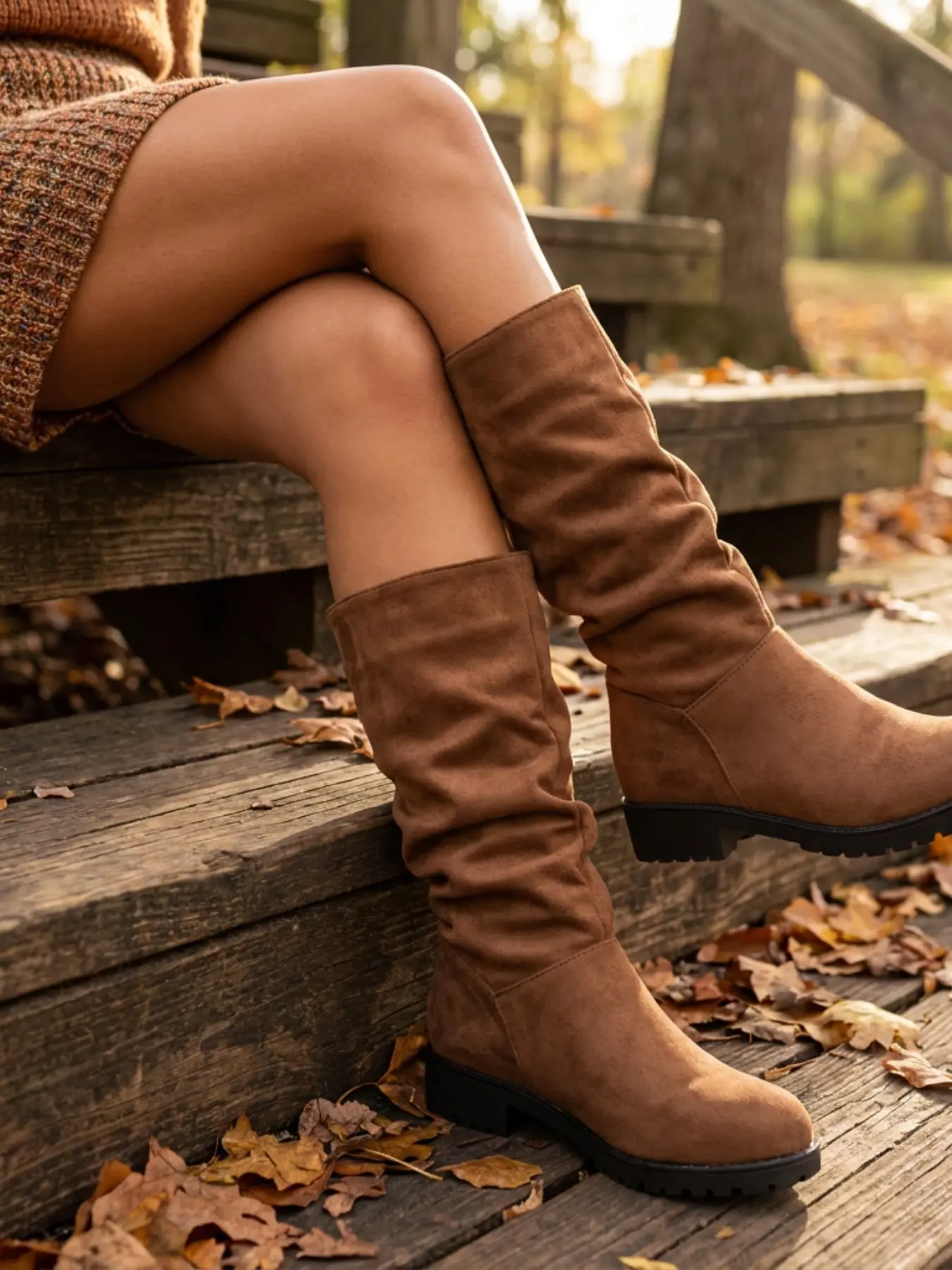 Women's Pleated Stack Design, Solid Color Round Toe High Tube Thick Square Heel Long Boots, Vintage Casual Autumn Winter Daily Wear