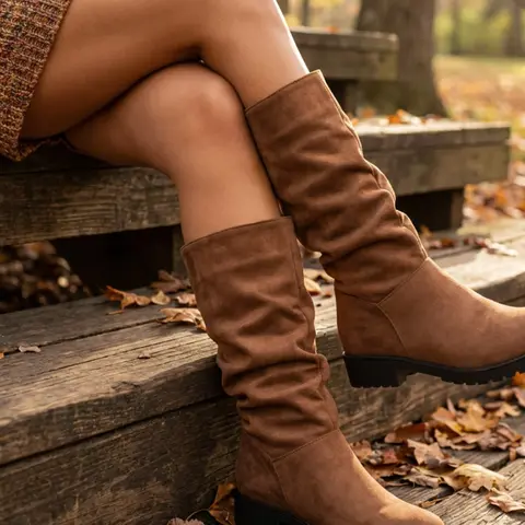 Women's Pleated Stack Design, Solid Color Round Toe High Tube Thick Square Heel Long Boots, Vintage Casual Autumn Winter Daily Wear