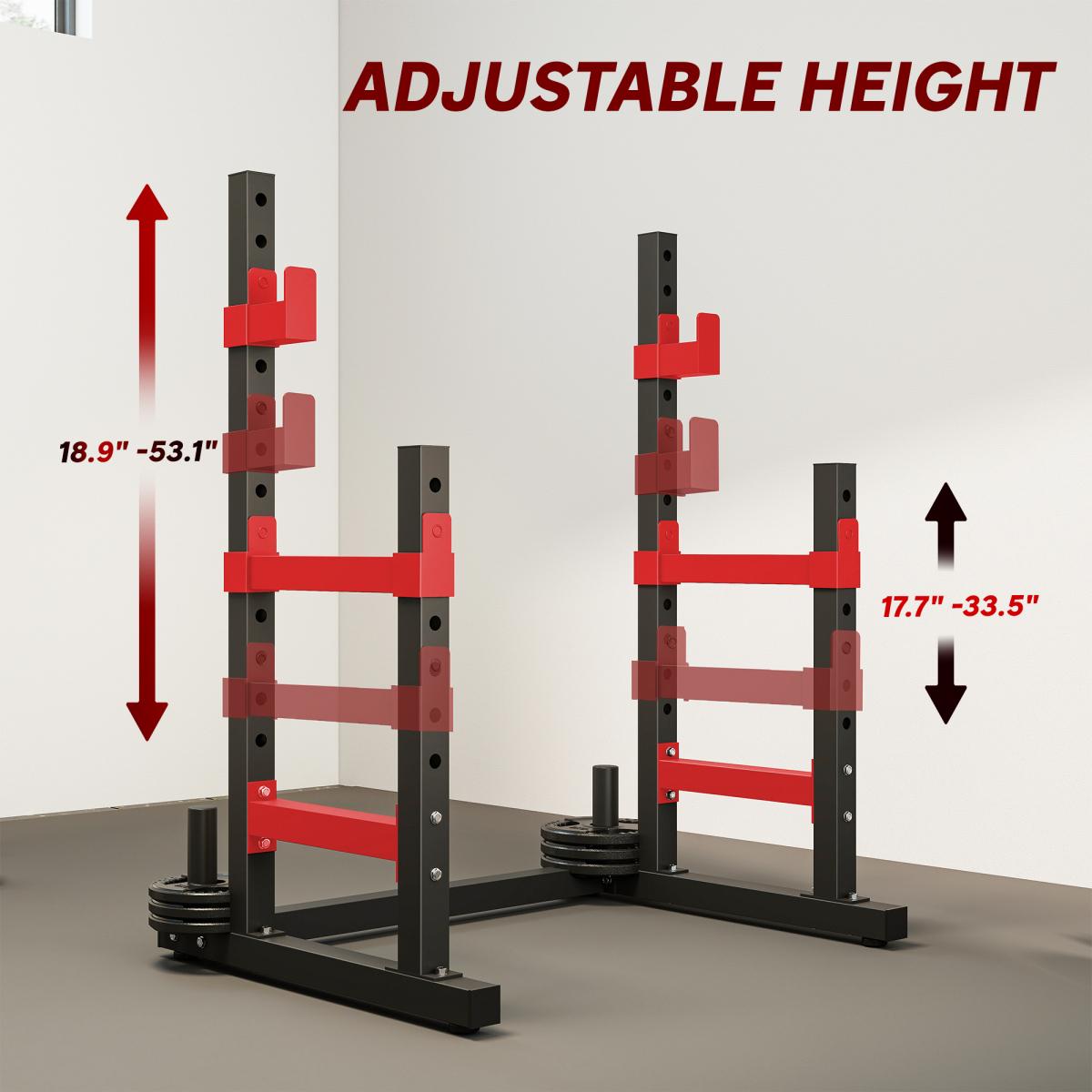 [Fahuac] Soozier Adjustable Squat Rack 660lbs Heavy Duty Bench Press Rack with Weight Plate Holders, 2-Tier Barbell Stand for Weight Lifting and Home Gym Strength Training, Height Adjustable,Red