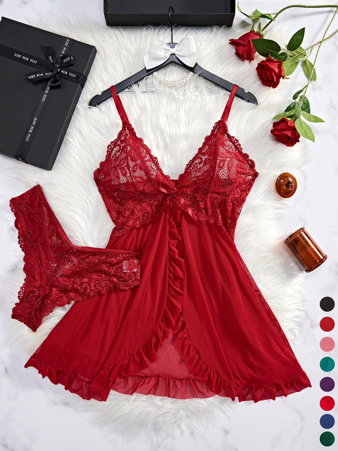Romantic Valentine's Day Gift Women's Casual Elegant Sleepwear Set, 2 Piece Ruffled Hem, Lightweight Fabric, Loose Fit, Sleeveless, All Seasons