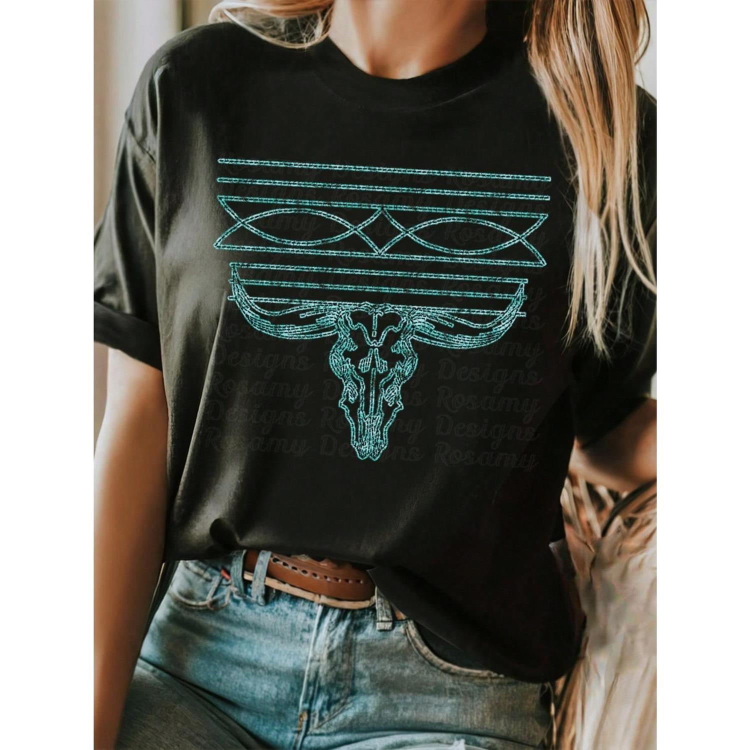 Elegant Western-style turquoise boot pattern denim shirt, versatile casual fashion cotton breathable women's black round-neck T-shirt