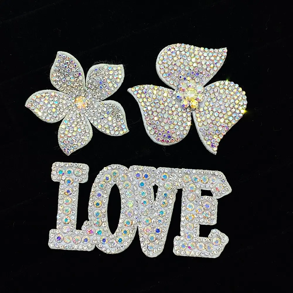 Set of 3 Ab Rhinestone Flower Letter Patch Stickers, DIY Sewing Embellishments for Clothing, Shoes, Bags, Hair Accessories