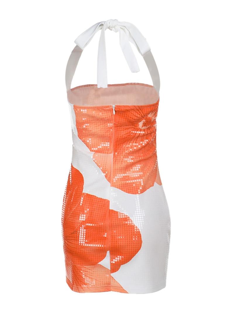 Women's Floral Print Backless Halter Bodycon Dress, Elegant Sleeveless Tie Back Short Dress for Party Club Dating Wear, Ladies Summer Clothes