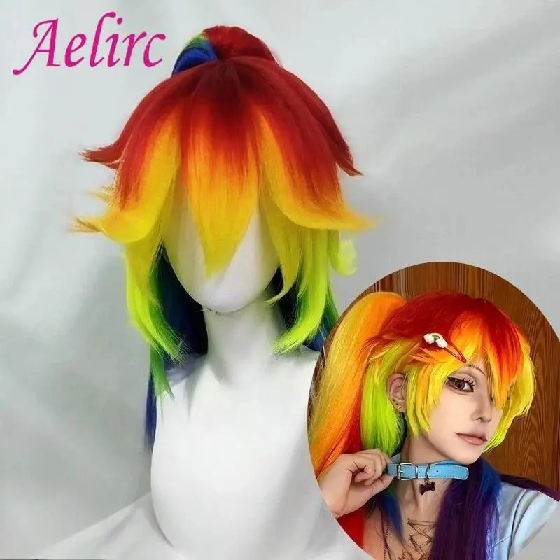 Rainbow Dash Pony Friends Cosplay Wig Anime Coser Single Ponytail Synthetic Wig Cute Girl Heat Resistant Fiber Wig Halloween Use