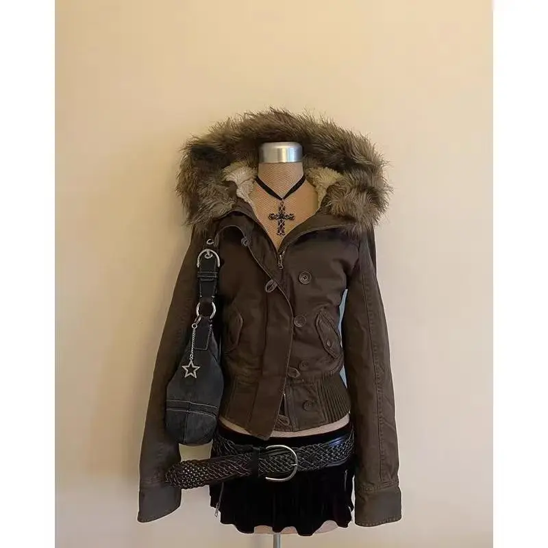 Gothic Fashion American Vintage Fur Lined Warm Jacket Womens Brown Zipper Hooded Coat Autumn Winter Warm Casual Coats Long Sleeve Fitted Basic Minimalist Outerwear Faux Fur Half Zip Rhinestone Hoodie Sweatshirt Cropped Puffer Vest