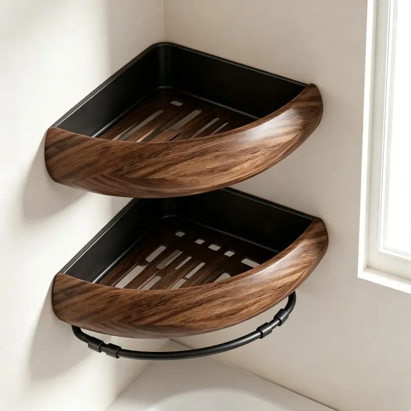 Corner shower storage basket，fan-shaped corner design makes full use of wall dead corners，hollow drainage base prevents water accumulation and mold, storage for bathroom shower corner，beside the sink, toilet wall, balcony sink corner (11.8×8.1×2.3 inches)