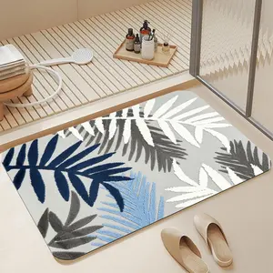 Minimalist Multi-Tone Blue Grey Embossed Palm Leaf Soft Diatomite Bath Mat 16*24 Inch |   Instant Water Absorbing Non Skid Anti-Mold Shower Rug Stylish Tropical Neutral Coastal Bathroom Decor Mat for Botanical & Minimalist Lovers