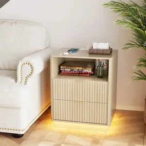 Modern Fluted Bedside Table with Charging Station & LED Light, 2 Drawer Bedside Table - Bedroom Storage Bedside Table
