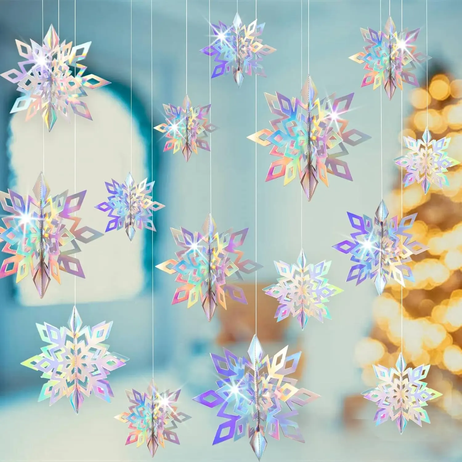 Christmas  Snowflakes Decorations Clearance 15 count  Iridescent Paper Snowflakes Snow Flakes Garland for Winter Wonderland Frozen Christmas Birthday Party Decorations