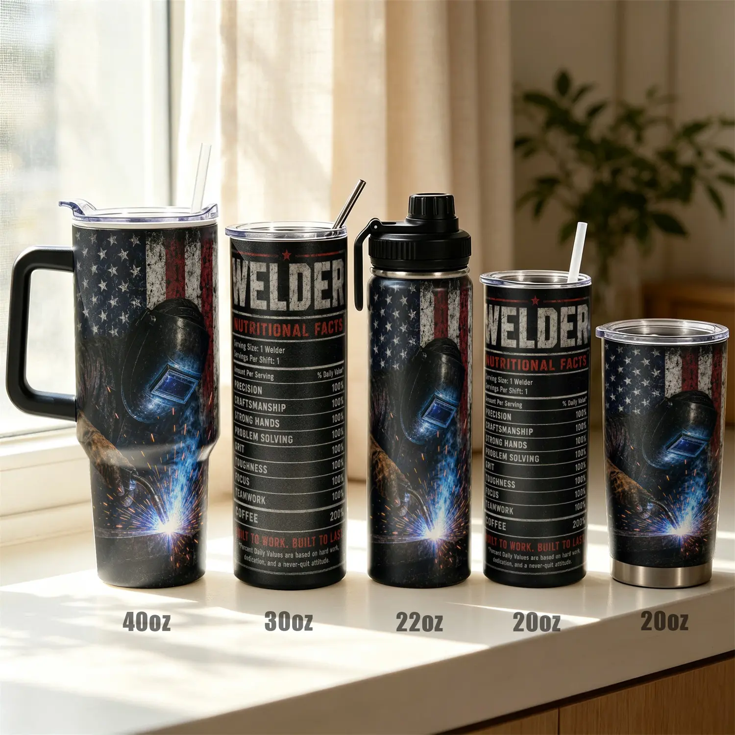 1pc, 40oz/30oz/22oz/20oz Tumbler Vacuum Insulated Stainless Steel Travel Mug Welder Patriotic Design 12H Cold 8H Hot Leak Proof Lid Welding Enthusiast Gift for Father Brother Friend Birthday Christmas Commute Gym Hiking Office Cup
