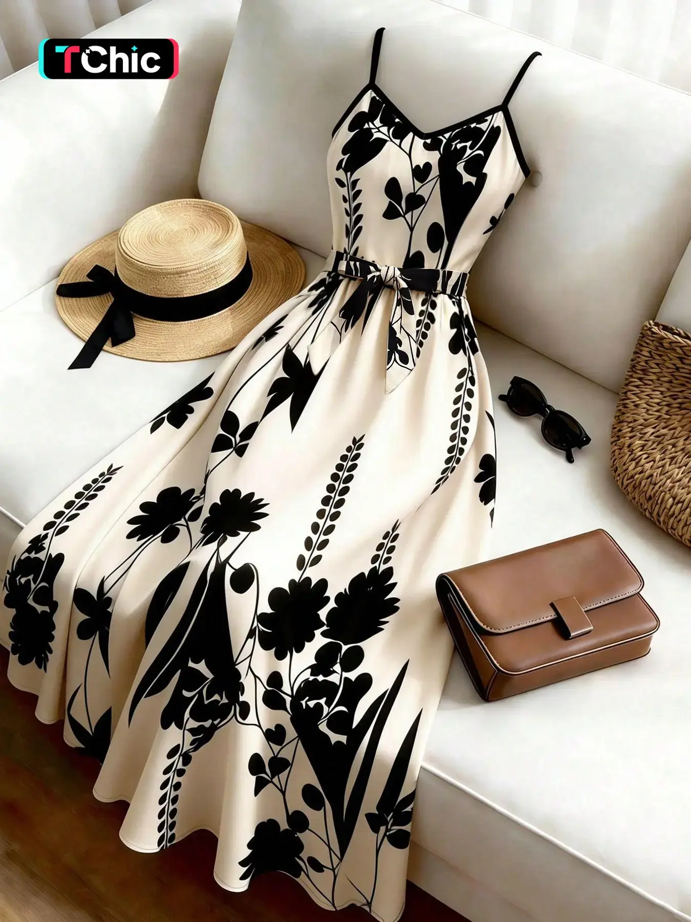 Summer Floral V-Neck Halter Dress, Casual Elegance Chic Fit, Retro Plant Print, Simple Color Block, Office Wear, Slimming Print, Date Night, Daily Commute, Ffwj2667