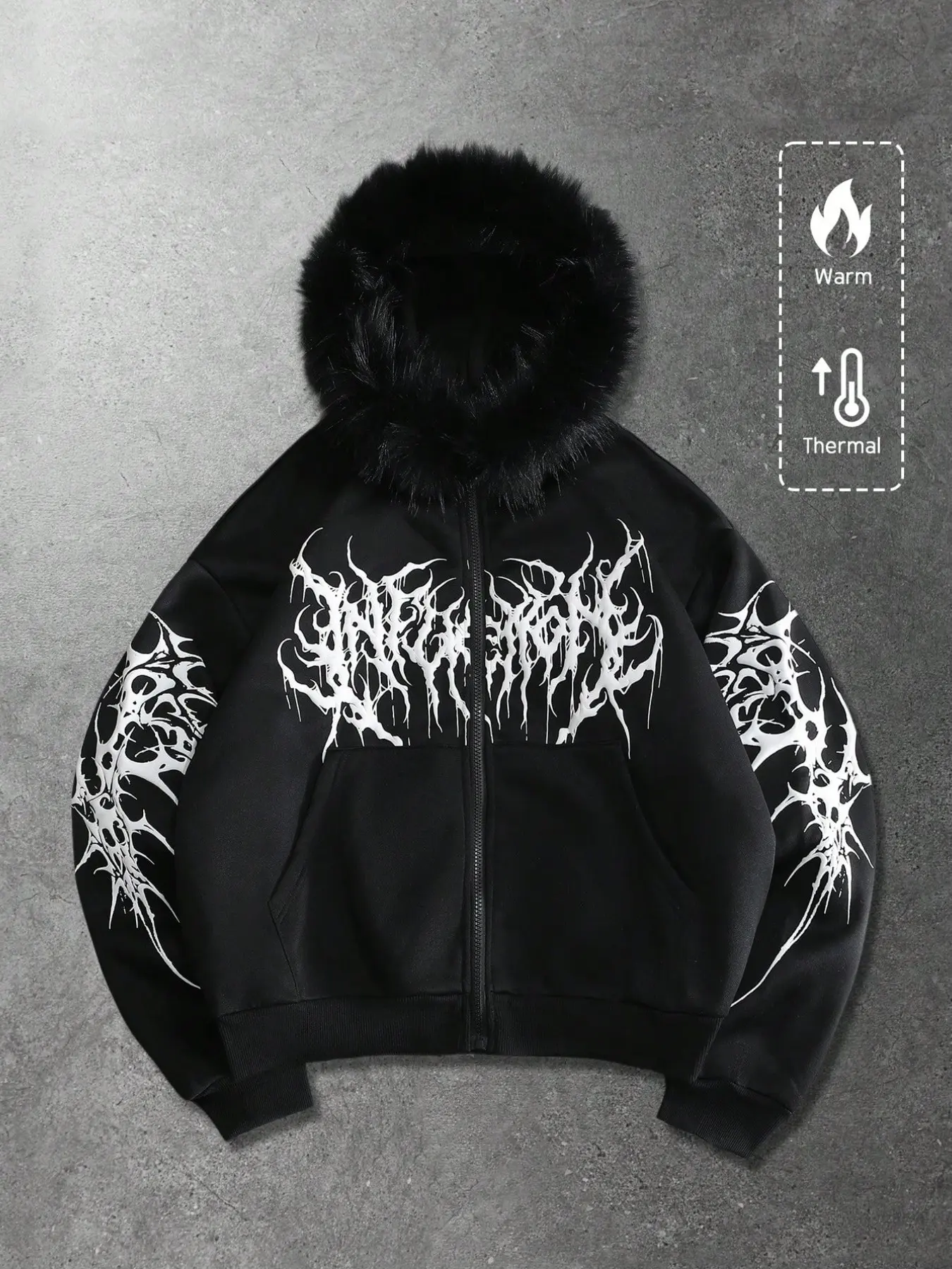Y2K Cyber Goth Oversized Zip Up Hoodie for Men & Women | Thick Thermal Fleece Lined Long Sleeve Sweatshirt with Faux Fur Hood & Metallic Graphic | Warm Winter Streetwear Outfit