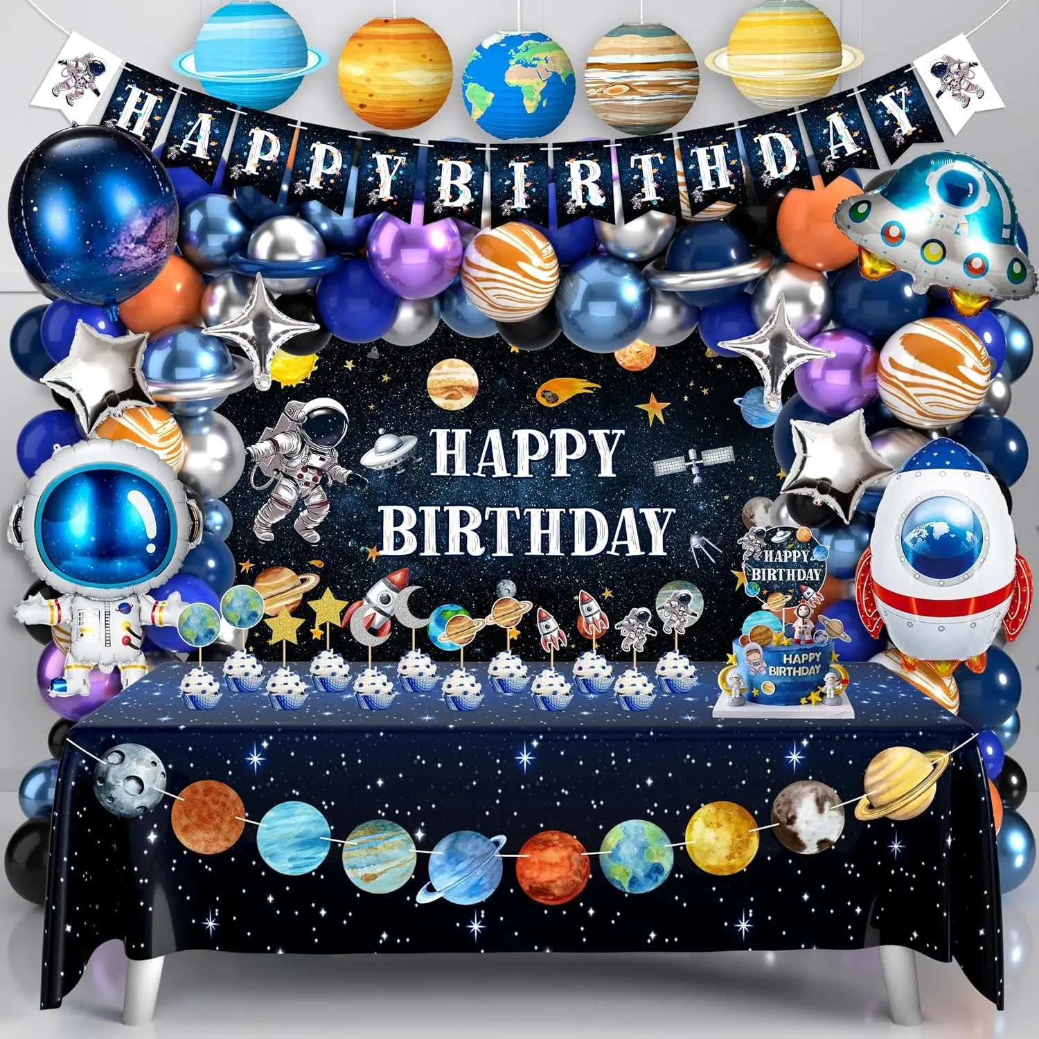Outer Space Birthday Party Decorations Set - Space Themed Supplies with Planet Banner Backdrop, Cake Topper, Solar System Paper Lanterns, Galaxy Tablecloth, Balloon Garland Kit for Astronaut PartyGift