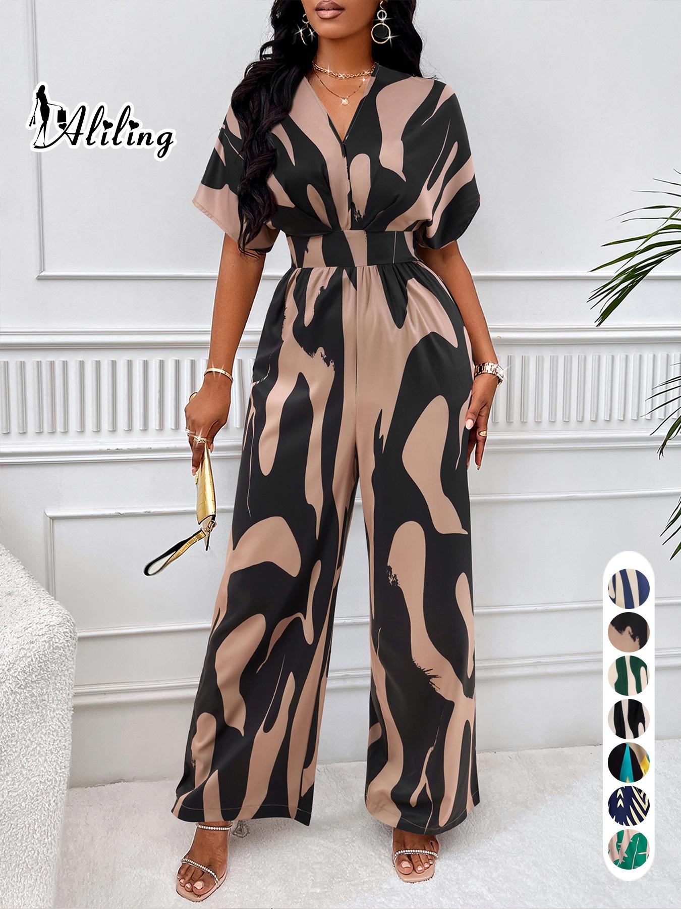 Women's Elegant Loose-Fit V Neck Short Sleeve Romper, Woven Fabric Wide Leg Pants, All Season Fashionable One-Piece Womenswear