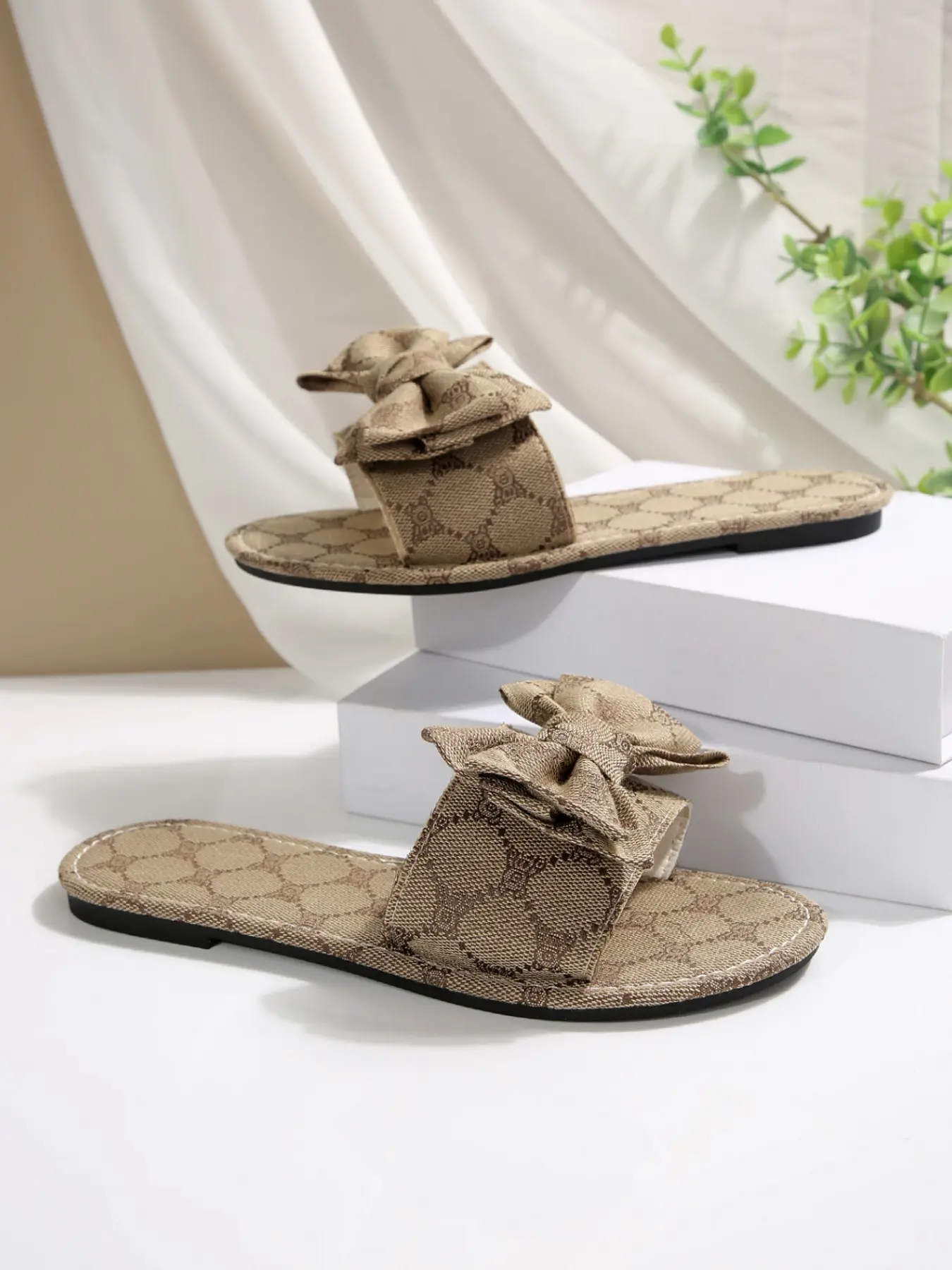 Vintage Floral Bow Sandals, Women, Rhombus Jacquard Fabric, Dual Layer Bow, Soft Sole, Summer Casual Shoes, Pair with Jeans Skirt