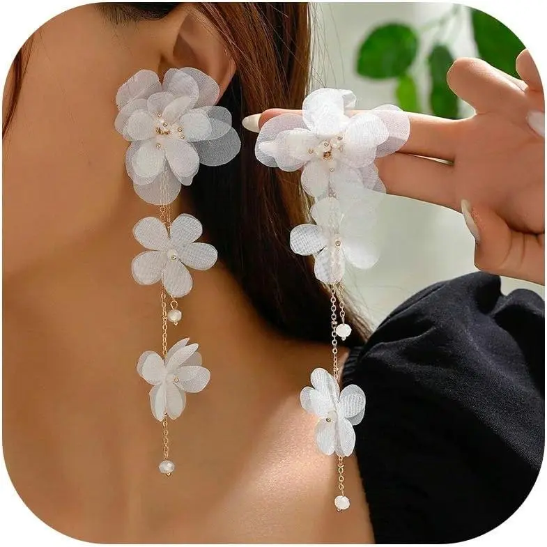 Flower Earrings for Women Long Fabric Flower Tassel Earrings Bohemian Handmade Floral Statement Earring Wedding Prom Jewelry Gifts