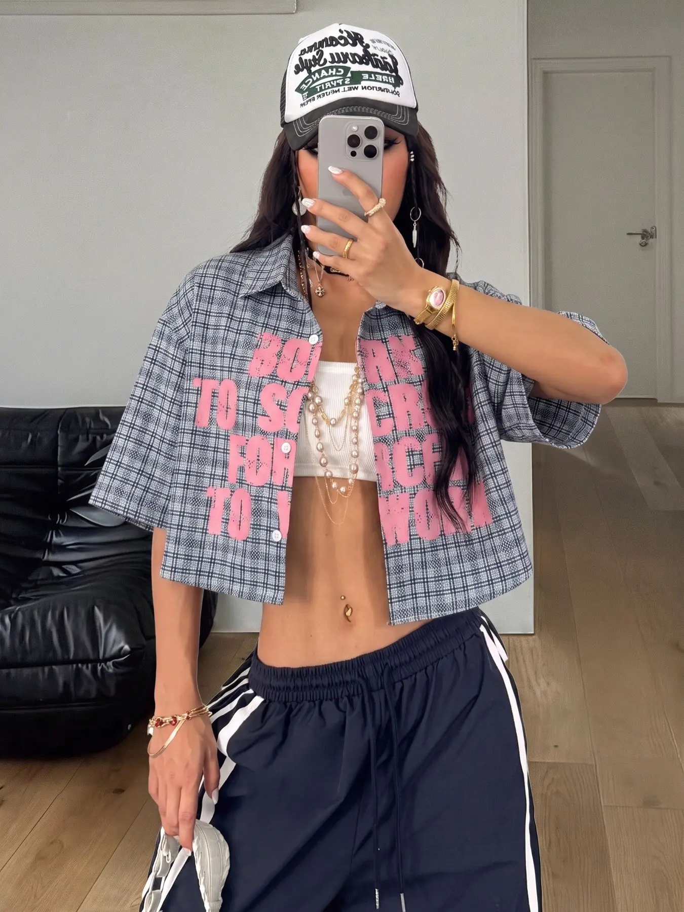 Women 90s Preppy American Streetwear Lapel Short Sleeve Button Up Crop Shirt Light Thin Woven Grey Small Grid Asymmetric Faded Pink Block Letter Print Oversized Loose Open Sun Protection Shacket Blouse For Campus Cafe Daily Summer Wear 2026 Trendy #greygr