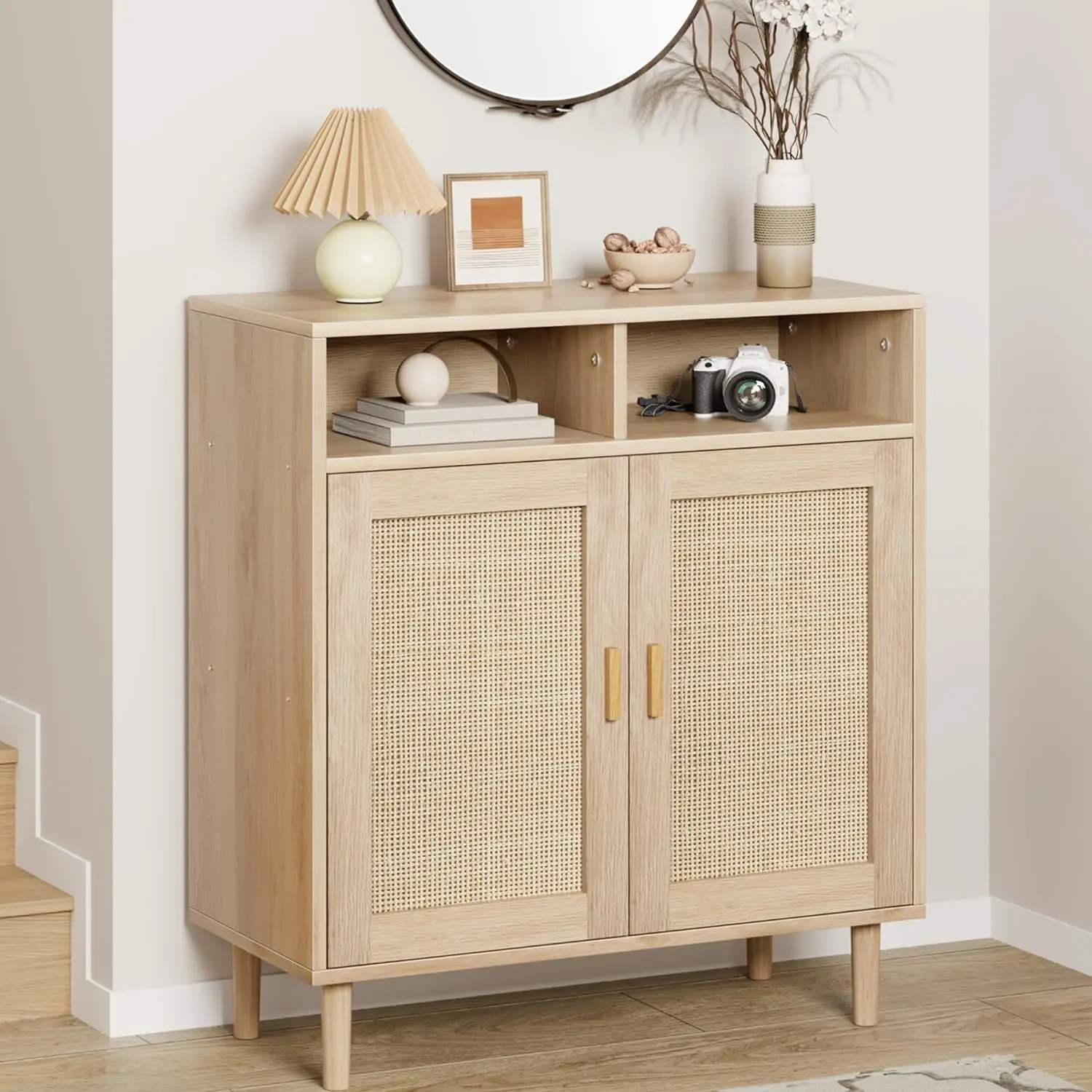 GARVEERattan Sideboard Cabinet with 2 Doors & Shelf – Modern Farmhouse Buffet Storage for Kitchen, Dining Room & Entryway, Handwoven Boho Coffee Bar Cabinet (Natural)
