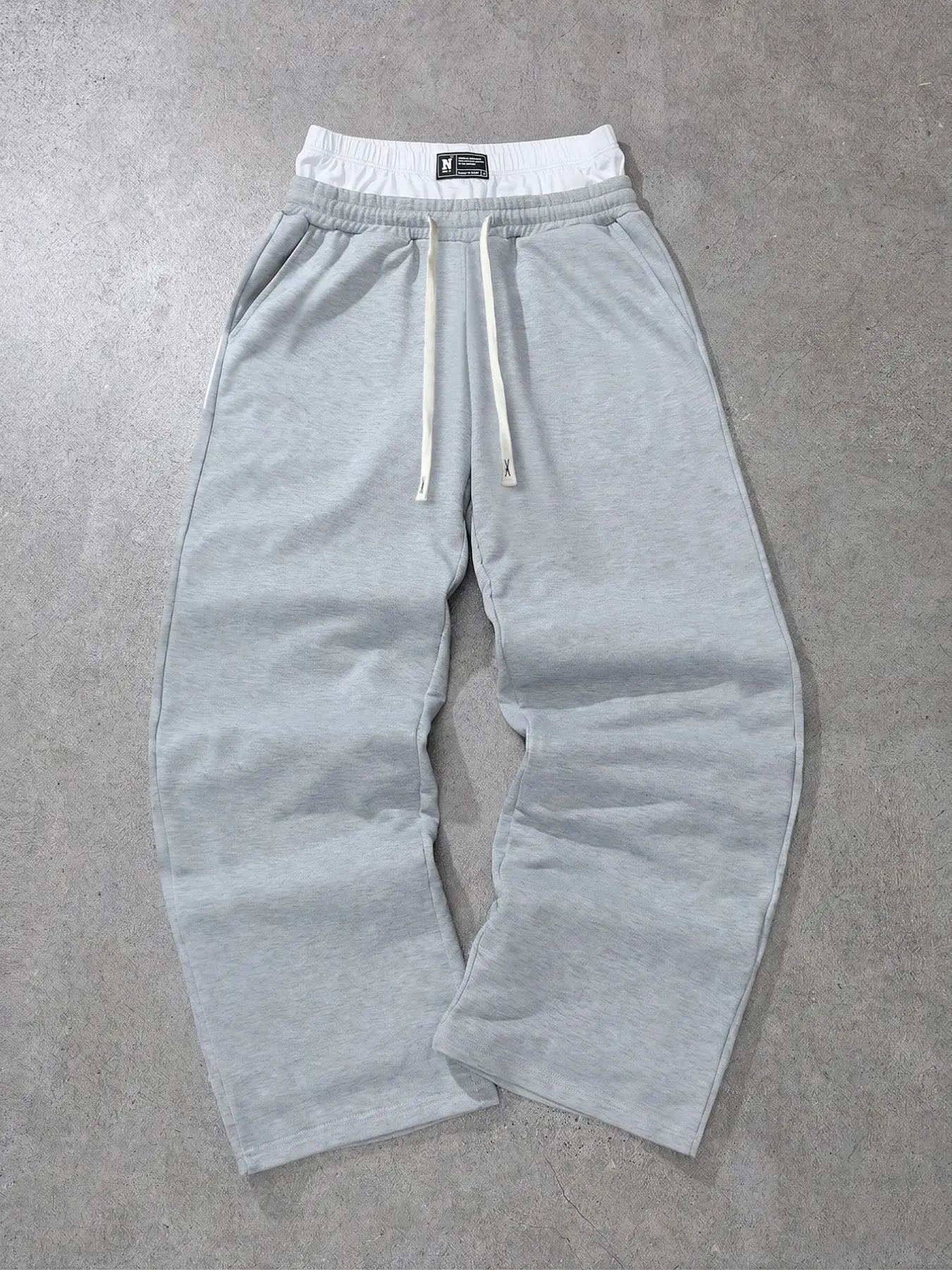 Women's light gray athletic sweatpants, featuring a unique faux double-layered waistband with drawstring, loose straight leg, and pockets, suitable for everyday wear, Casual lounge sweatpants