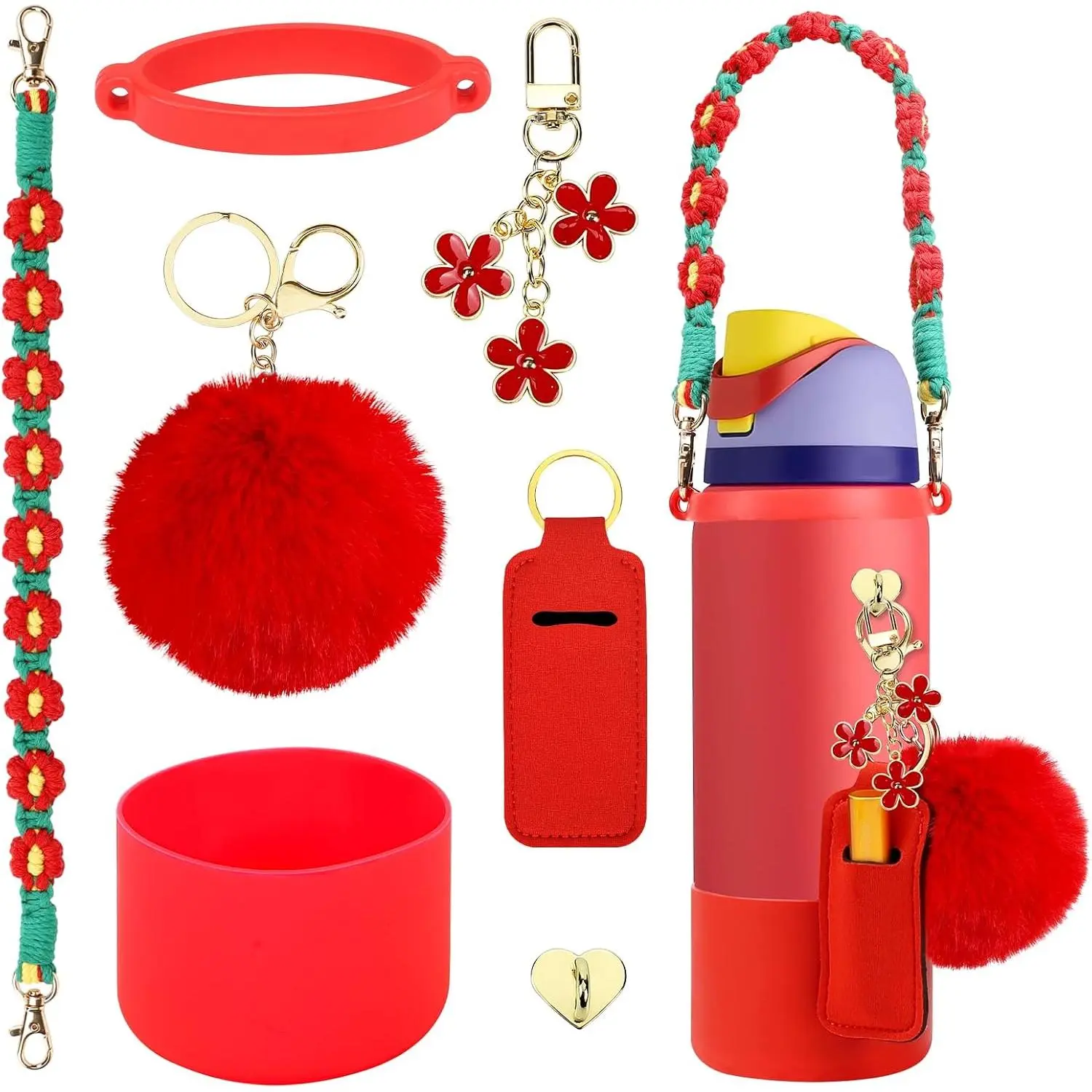 Compatible for  Accessories Bundle:  Boot for 24oz & 32oz Bottles, Charms, Handle, Strap, Rubber Bottoms, and Decorative Add-ons for Your Compatible for  Water Bottle, Red