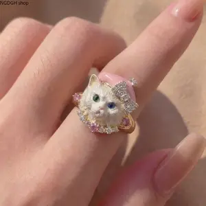 Women's Cute Rings - Gold-Plated Adjustable Size 3D Kitten Face Statement Ring with Rhinestone Bow, Colorful Gems, Female Wear for Daily Jewelry Stack, Party Gift (Kawaii Fashion Lovers)