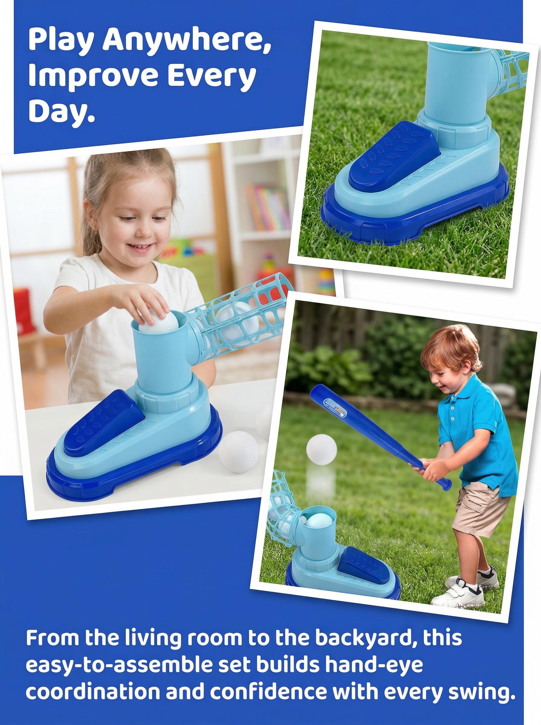 Fun Launcher Baseball Toy for Kids – Pop-Up Pitching Machine with Bat & 3 Balls – Outdoor Sports Game, Gift for Boys & Girls Ages 3-8,Children's foot-operated catapult baseball training machine, automatic baseball launcher for indoor and outdoor sports