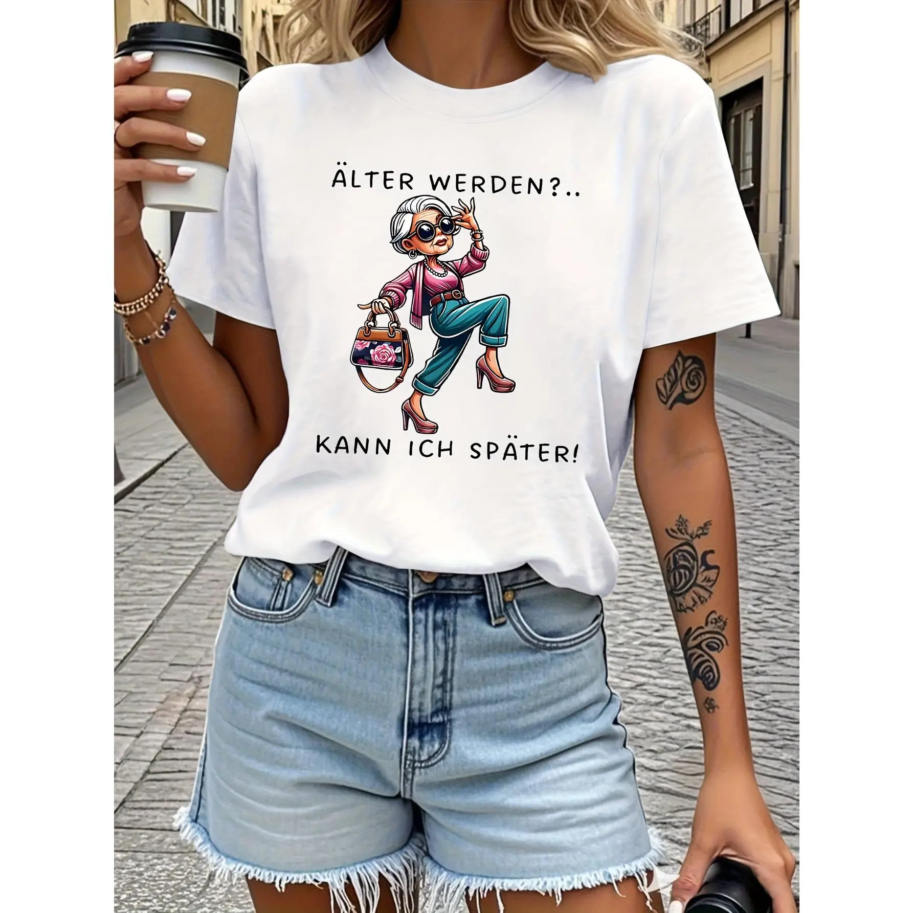 Women's German Slogan Graphic T-Shirt in 100% Cotton, Casual Short Sleeve Crew Neck Top with a Regular Fit, Shortsleeve, Fabric, Knit, Regular Cut, Graphic Print, Round Neck, All Seasons, Basic
