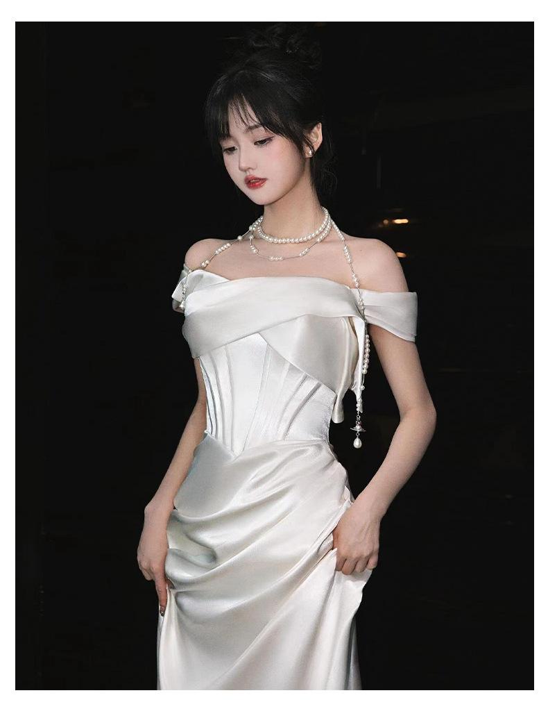 French Off-Shoulder Light Wedding Dress – Bridal Toast Gown, White Engagement Departure Dress, Elegant Banquet Evening Gown